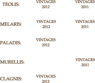 VINTAGES 2012 VINTAGES 2011 VINTAGES 2012 VINTAGES 2012 VINTAGES 2011 CLAGNIS: MURELLIS: TEOLIS: PALADIS: MELARIS: VINTAGES 2012  VINTAGES 2011